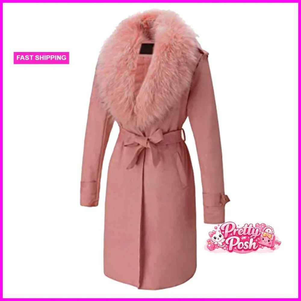 Faux Leather Trench Coat Fleece-Lined with Detachable Fur Collar - Picture 6 of 7